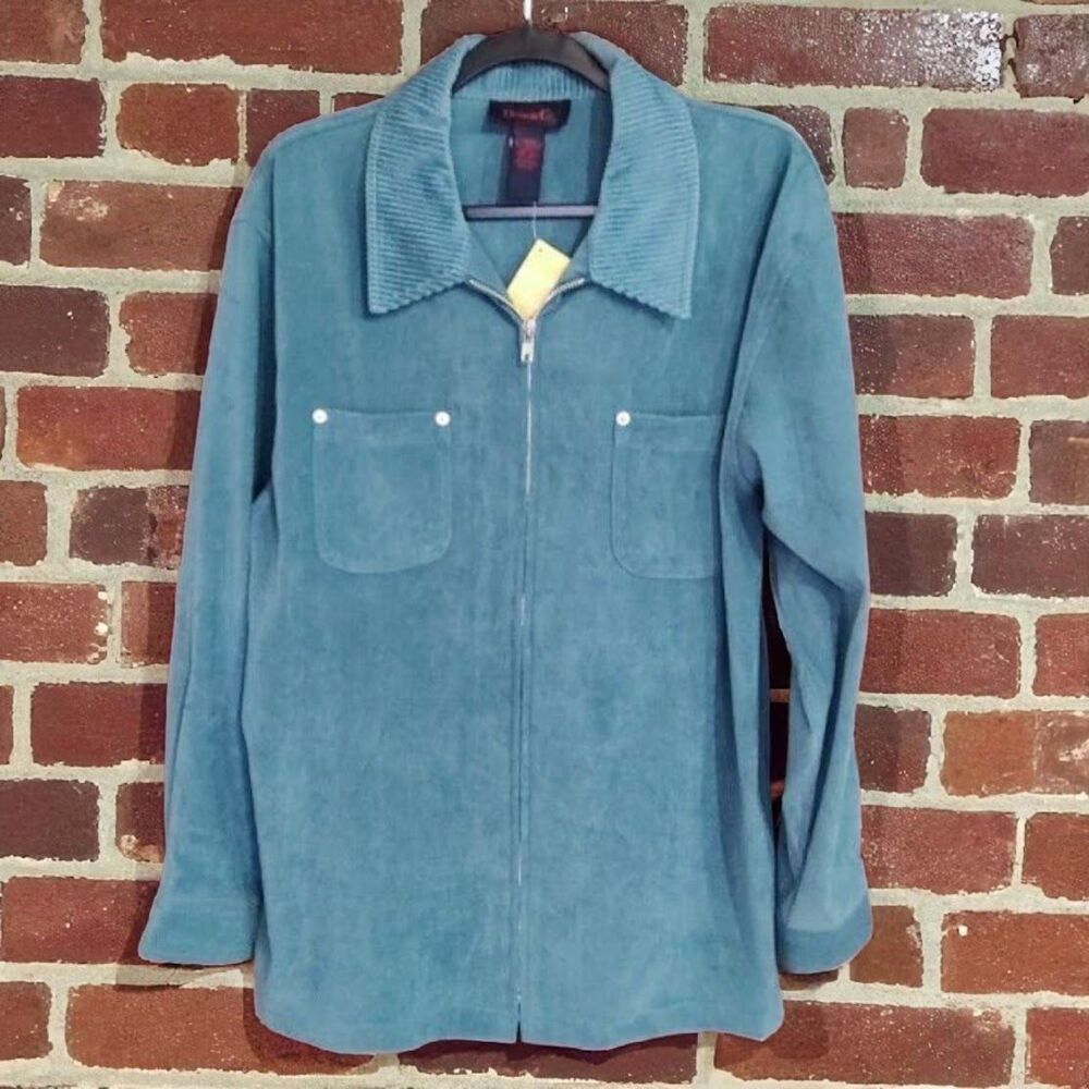 NEW Denim & Co Sz Lg Turquoise Corduroy Collar Zipper Soft Shirt Shacket Jacket